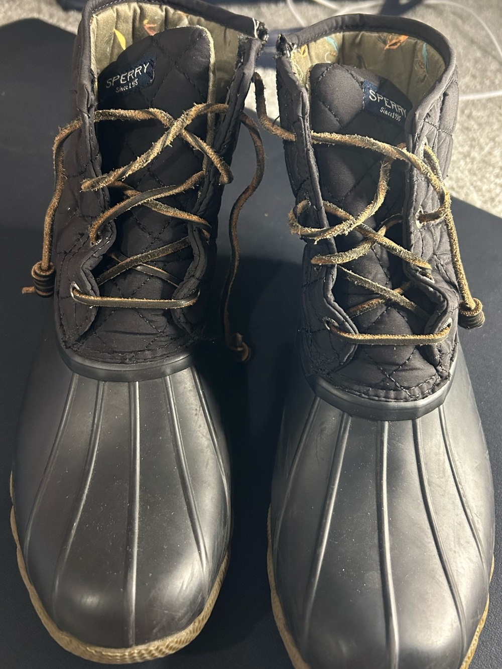Sperry Black Duck Boots with Brown Laces